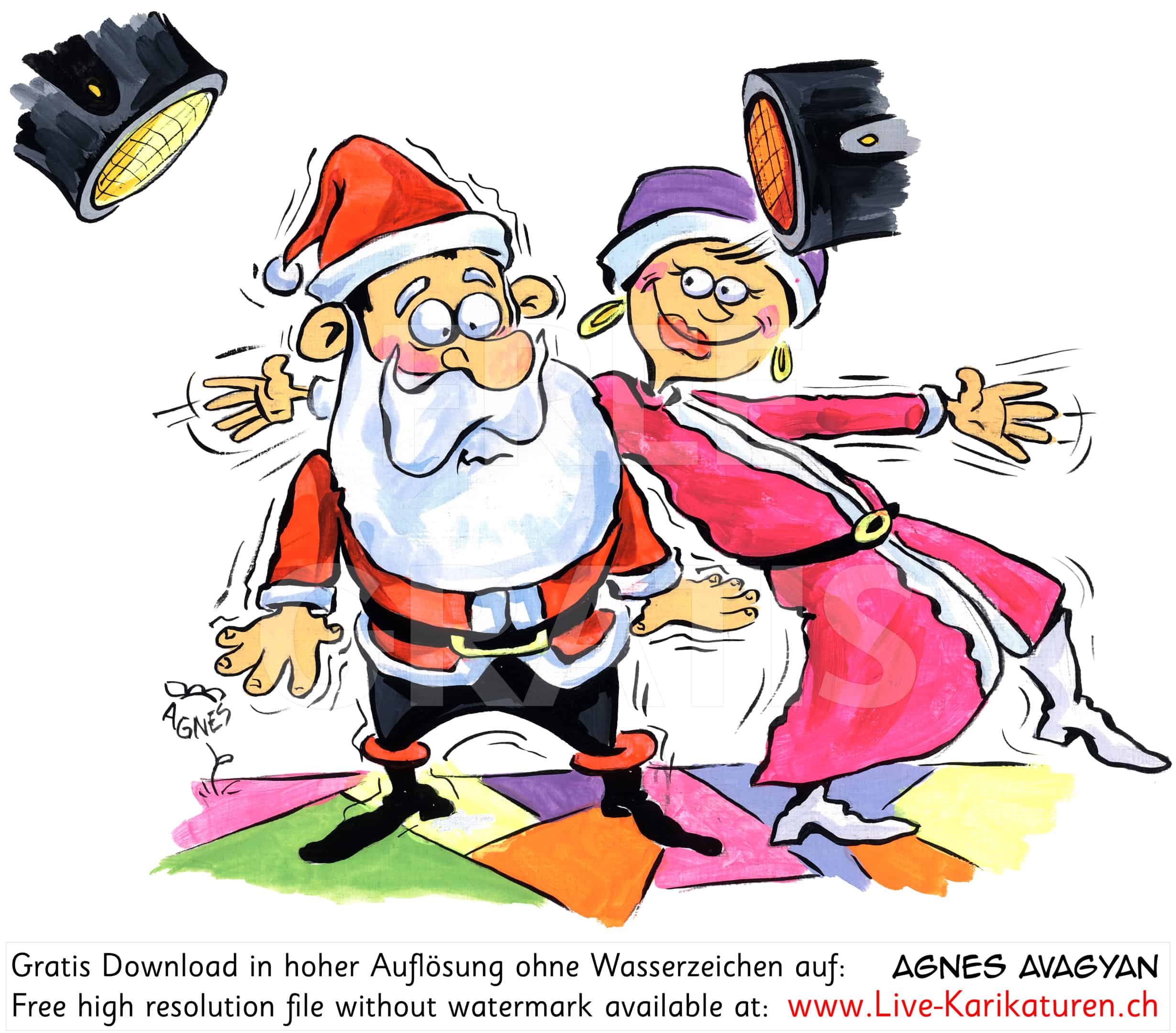 Weihnachtsmann tanzen lustig Frau Disco Scheinwerfer weisser Bart rote Muetze Angst Santa Claus Party Dancefloor weisse Stiefel Ohrringe Schneeelfe Agnes Live-Karikaturen, Download, kostenlos, Gratisbild, Free image, Clipart, Comic, Cartoon, Illustration, Cartoon, Comic, Karikatur, Clipart, Zeichnung, Bild, Illustration, image, painting, kostenlos, Kunst, Kunsthandwerk, Geschenkidee, Kuenstler, Live Karikaturist, Comiczeichner, Armenian Artist from Yerevan