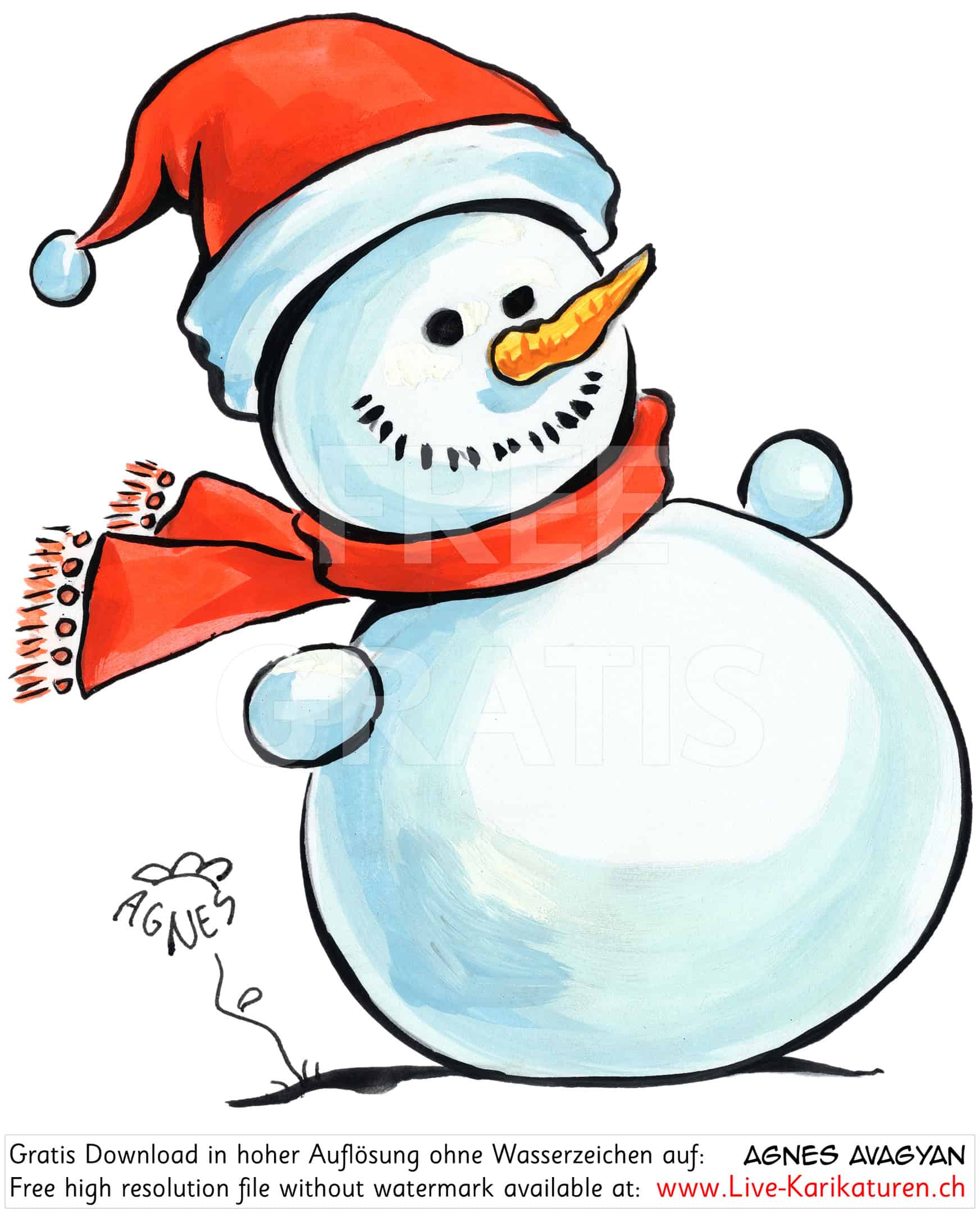 Schneemann bauen rote Muetze Ruebennase roter Schal Schnee Winter Ruebe Kappe Weihnachten Ruebli spielen Weihnachtszeit Agnes Live-Karikaturen, Download, kostenlos, Gratisbild, Free image, Clipart, Comic, Cartoon, Illustration, Cartoon, Comic, Karikatur, Clipart, Zeichnung, Bild, Illustration, image, painting, kostenlos, Kunst, Kunsthandwerk, Geschenkidee, Kuenstler, Live Karikaturist, Comiczeichner, Armenian Artist from Yerevan