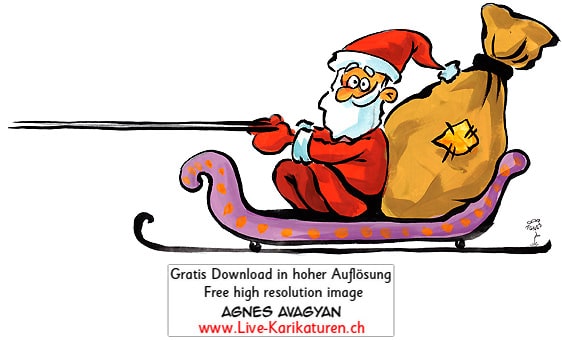 Weihnachtsmann Santa Claus Samichlaus Wagen Geschenke Sack rote Muetze Weihnachten Zuegel froehlich Agnes Live-Karikaturen, Download, kostenlos, Gratisbild, Free image, Clipart, Comic, Cartoon, Illustration, Cartoon, Comic, Karikatur, Clipart, Zeichnung, Bild, Illustration, image, painting, kostenlos, Kunst, Kunsthandwerk, Geschenkidee, Kuenstler, Live Karikaturist, Comiczeichner, Armenian Artist from Yerevan