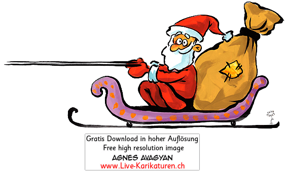 Weihnachtsmann Santa Claus Samichlaus Wagen Geschenke Sack rote Muetze Weihnachten Zuegel froehlich Agnes Live-Karikaturen, Download, kostenlos, Gratisbild, Free image, Clipart, Comic, Cartoon, Illustration, Cartoon, Comic, Karikatur, Clipart, Zeichnung, Bild, Illustration, image, painting, kostenlos, Kunst, Kunsthandwerk, Geschenkidee, Kuenstler, Live Karikaturist, Comiczeichner, Armenian Artist from Yerevan