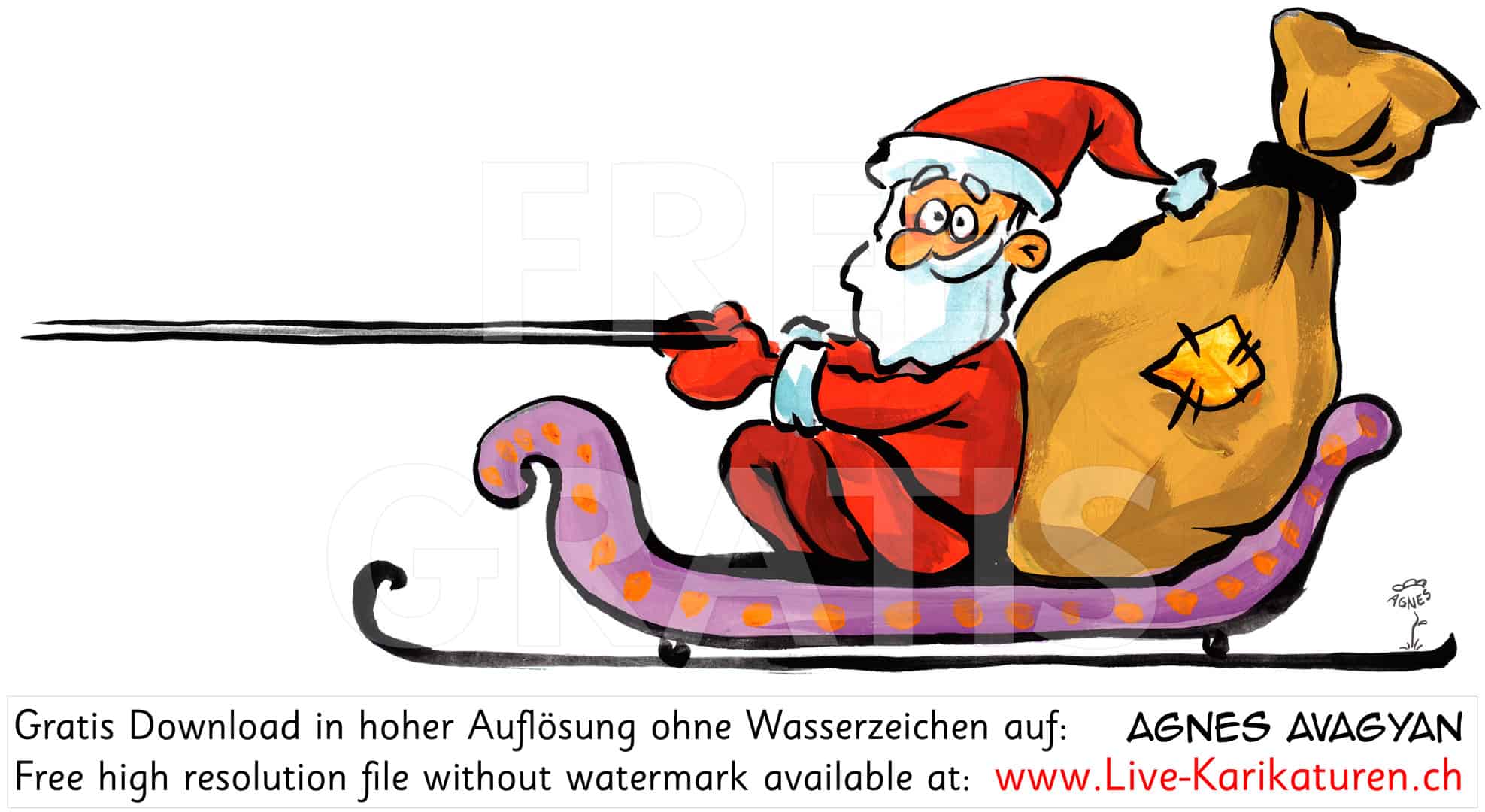 Weihnachtsmann Santa Claus Samichlaus Wagen Geschenke Sack rote Muetze Weihnachten Zuegel froehlich Agnes Live-Karikaturen, Download, kostenlos, Gratisbild, Free image, Clipart, Comic, Cartoon, Illustration, Cartoon, Comic, Karikatur, Clipart, Zeichnung, Bild, Illustration, image, painting, kostenlos, Kunst, Kunsthandwerk, Geschenkidee, Kuenstler, Live Karikaturist, Comiczeichner, Armenian Artist from Yerevan