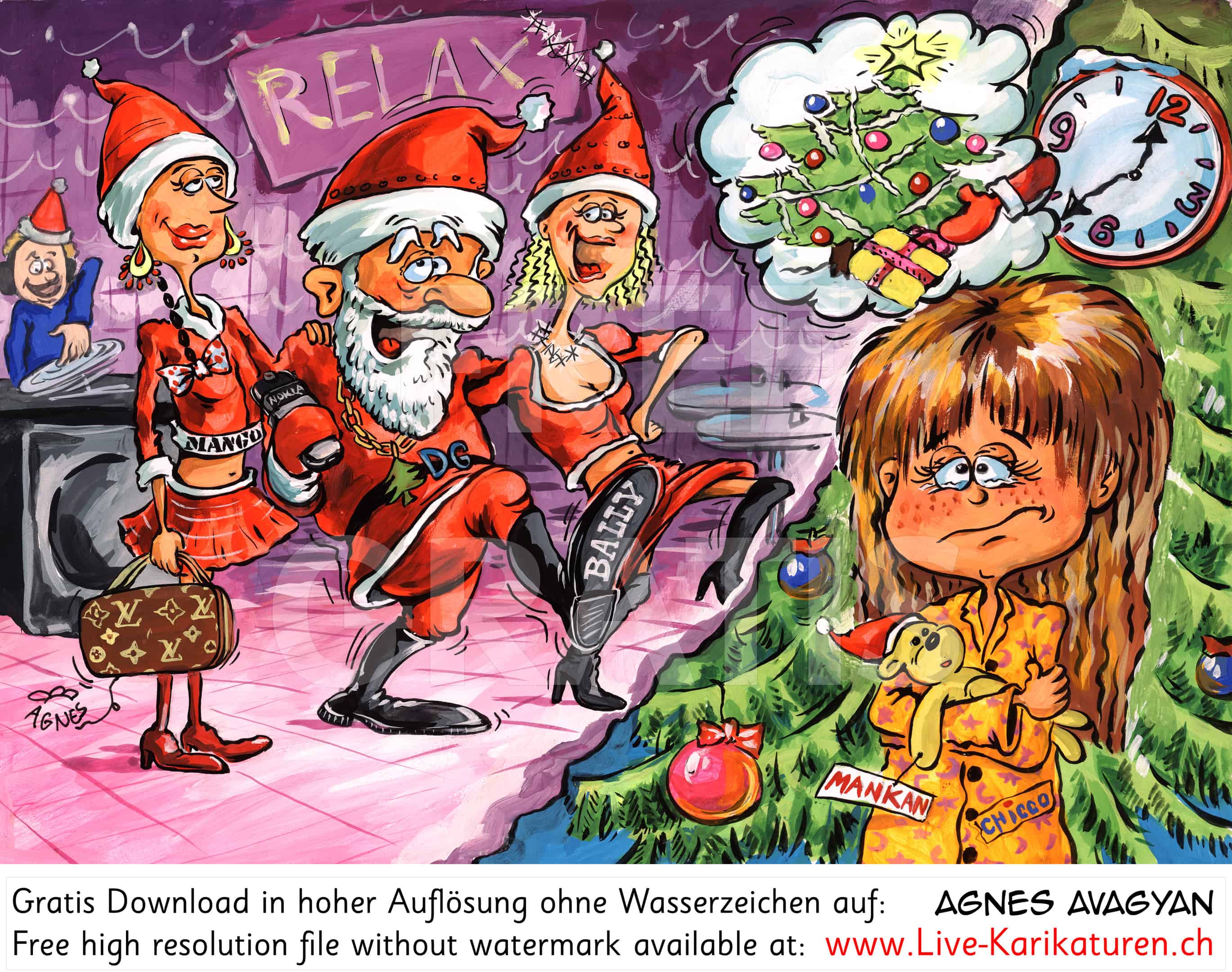 Weihnachtsmann Santa Claus betrunken Kind Illusion Enttäuschung Frauen Party Girls Luxus Kommerz Weihnachten Geschenke Restaurant Relax Maedchen weinen traurig Christbaum Tannenbaum Agnes Live-Karikaturen, Download, kostenlos, Gratisbild, Free image, Clipart, Comic, Cartoon, Illustration, Cartoon, Comic, Karikatur, Clipart, Zeichnung, Bild, Illustration, image, painting, kostenlos, Kunst, Kunsthandwerk, Geschenkidee, Kuenstler, Live Karikaturist, Comiczeichner, Armenian Artist from Yerevan