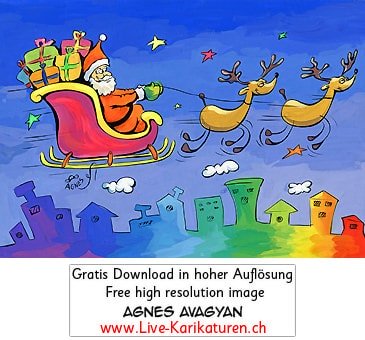 Weihnachtsmann Santa Claus Kutsche Nacht Stadt Regenbogen Rentier Elch Hirsch durch die Luft fliegen fliegt durch die Luft Geschenke Traum Maerchen Fantasie Wolken blauer Himmel maerchenhaft schoen Sterne Hauser Haeuserdaecher rote Muetze weisser Bart violette rote Kutsche Schlitten fliegendes Rentier Agnes Live-Karikaturen, Download, kostenlos, Gratisbild, Free image, Clipart, Comic, Cartoon, Illustration, Cartoon, Comic, Karikatur, Clipart, Zeichnung, Bild, Illustration, image, painting, kostenlos, Kunst, Kunsthandwerk, Geschenkidee, Kuenstler, Live Karikaturist, Comiczeichner, Armenian Artist from Yerevan