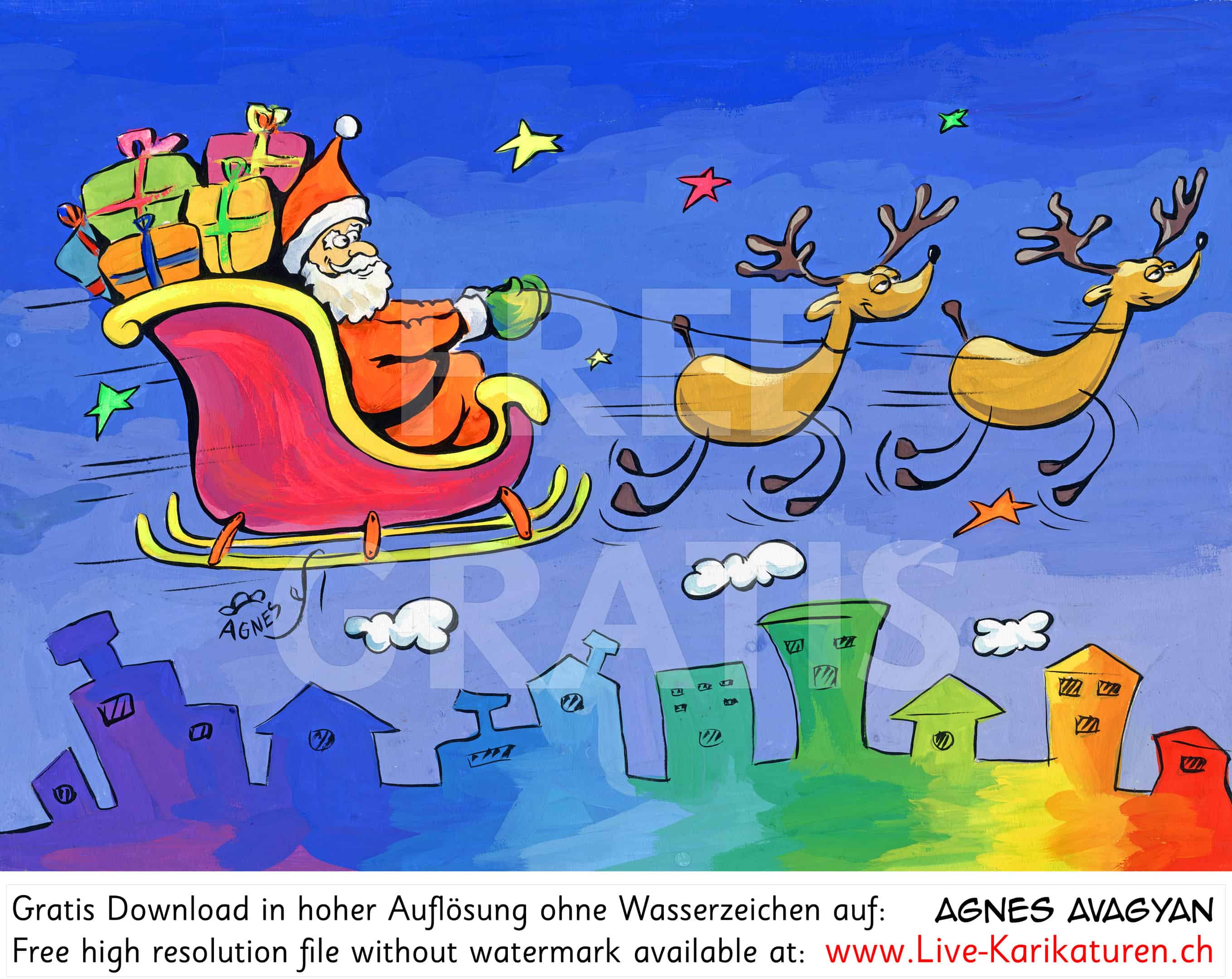 Weihnachtsmann Santa Claus Kutsche Nacht Stadt Regenbogen Rentier Elch Hirsch durch die Luft fliegen fliegt durch die Luft Geschenke Traum Maerchen Fantasie Wolken blauer Himmel maerchenhaft schoen Sterne Hauser Haeuserdaecher rote Muetze weisser Bart violette rote Kutsche Schlitten fliegendes Rentier Agnes Live-Karikaturen, Download, kostenlos, Gratisbild, Free image, Clipart, Comic, Cartoon, Illustration, Cartoon, Comic, Karikatur, Clipart, Zeichnung, Bild, Illustration, image, painting, kostenlos, Kunst, Kunsthandwerk, Geschenkidee, Kuenstler, Live Karikaturist, Comiczeichner, Armenian Artist from Yerevan