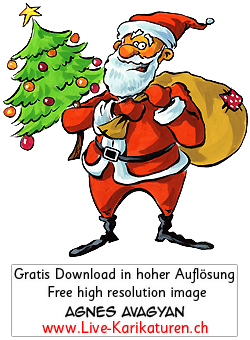 Weihnachtsmann Santa Claus Geschenke Sack Tannenbaum Weihnachten Xmas happy froehlich rote Muetze schwarze Stiefel herzig Agnes Live-Karikaturen, Download, kostenlos, Gratisbild, Free image, Clipart, Comic, Cartoon, Illustration, Cartoon, Comic, Karikatur, Clipart, Zeichnung, Bild, Illustration, image, painting, kostenlos, Kunst, Kunsthandwerk, Geschenkidee, Kuenstler, Live Karikaturist, Comiczeichner, Armenian Artist from Yerevan