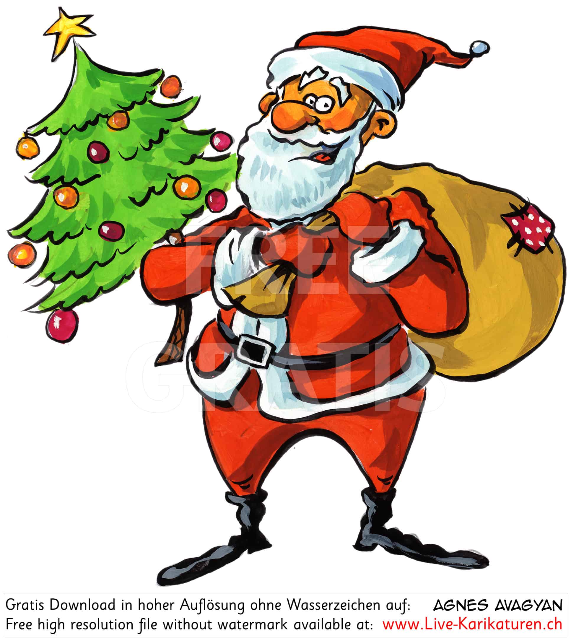 Weihnachtsmann Santa Claus Geschenke Sack Tannenbaum Weihnachten Xmas happy froehlich rote Muetze schwarze Stiefel herzig Agnes Live-Karikaturen, Download, kostenlos, Gratisbild, Free image, Clipart, Comic, Cartoon, Illustration, Cartoon, Comic, Karikatur, Clipart, Zeichnung, Bild, Illustration, image, painting, kostenlos, Kunst, Kunsthandwerk, Geschenkidee, Kuenstler, Live Karikaturist, Comiczeichner, Armenian Artist from Yerevan