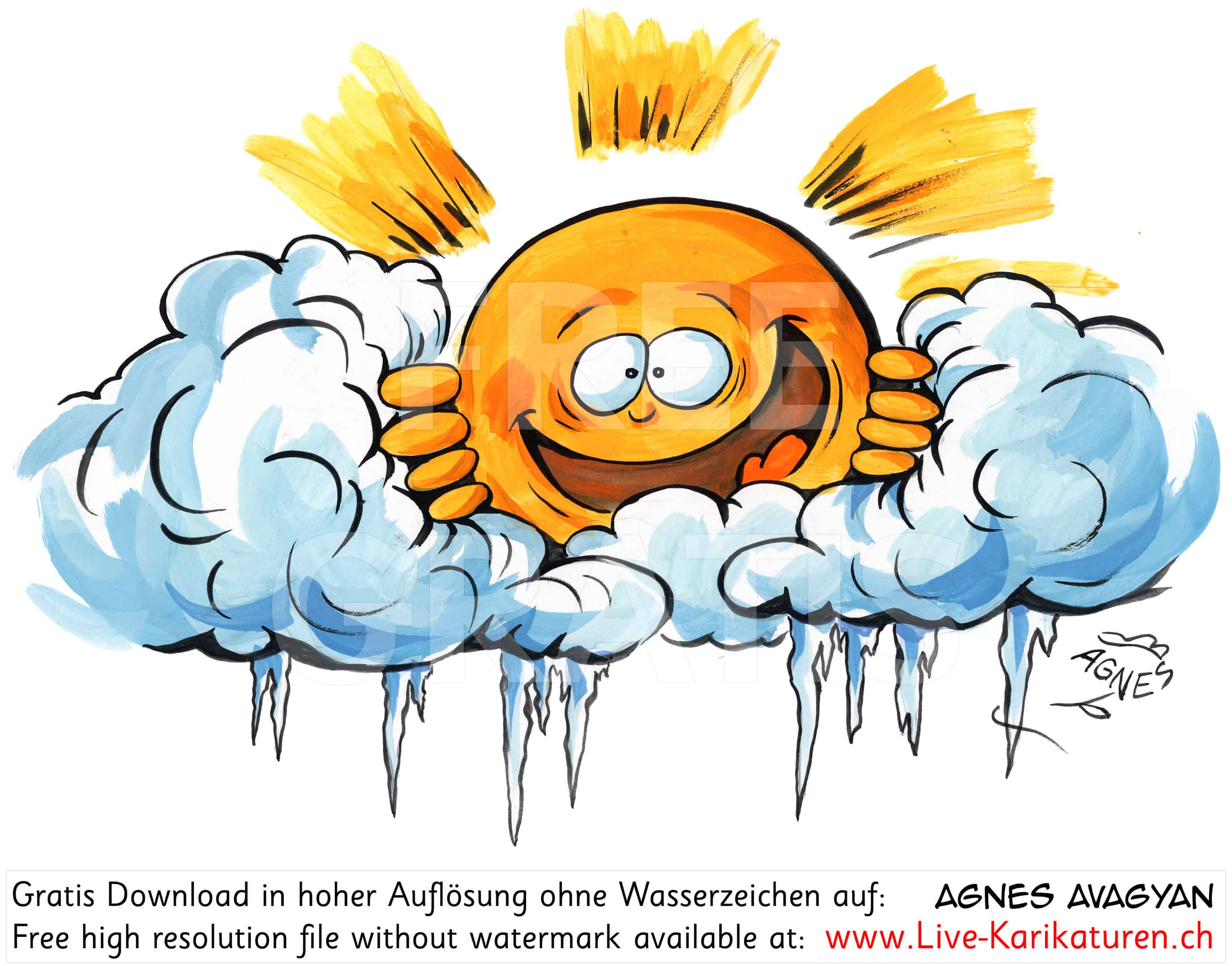 Winter Sonne Eiskristalle Wolken kalt schoenes Wetter Schoenwetter Sonnenschein Wintersonnenwende Sonne mit Gesicht lachen froehlich strahlen Sonnenstrahlen dicke Wolken Agnes Live-Karikaturen, Download, kostenlos, Gratisbild, Free image, Clipart, Comic, Cartoon, Illustration, Cartoon, Comic, Karikatur, Clipart, Zeichnung, Bild, Illustration, image, painting, kostenlos, Kunst, Kunsthandwerk, Geschenkidee, Kuenstler, Live Karikaturist, Comiczeichner, Armenian Artist from Yerevan