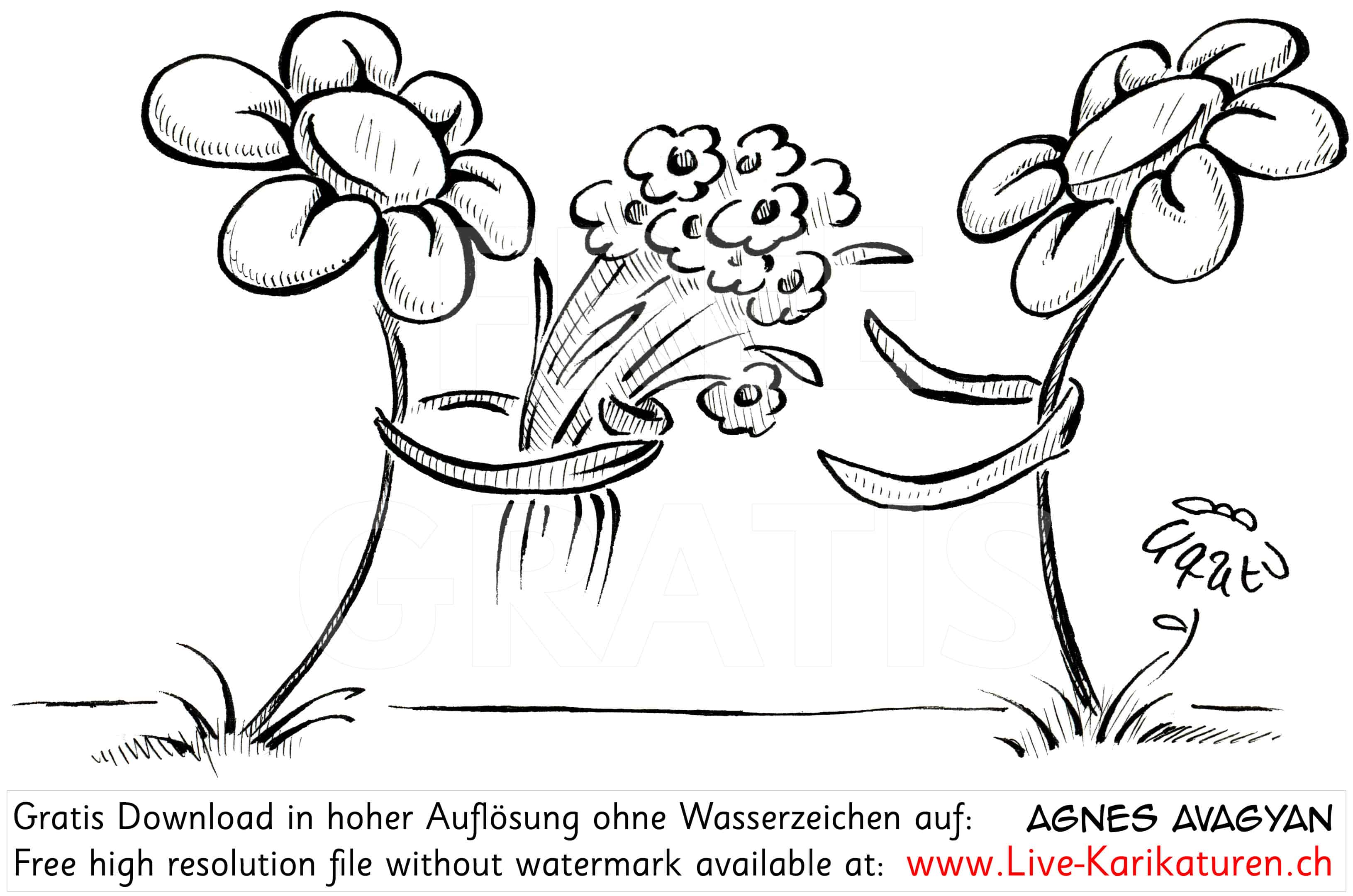 Blume schenkt anderer Blume Blumenstrauss Liebe romantisch Romantik mit Armen zwei Blumen schwarzweiss Agnes Karikaturen gratis free Clipart Comic Cartoon Zeichnung Illustration transparent PNG