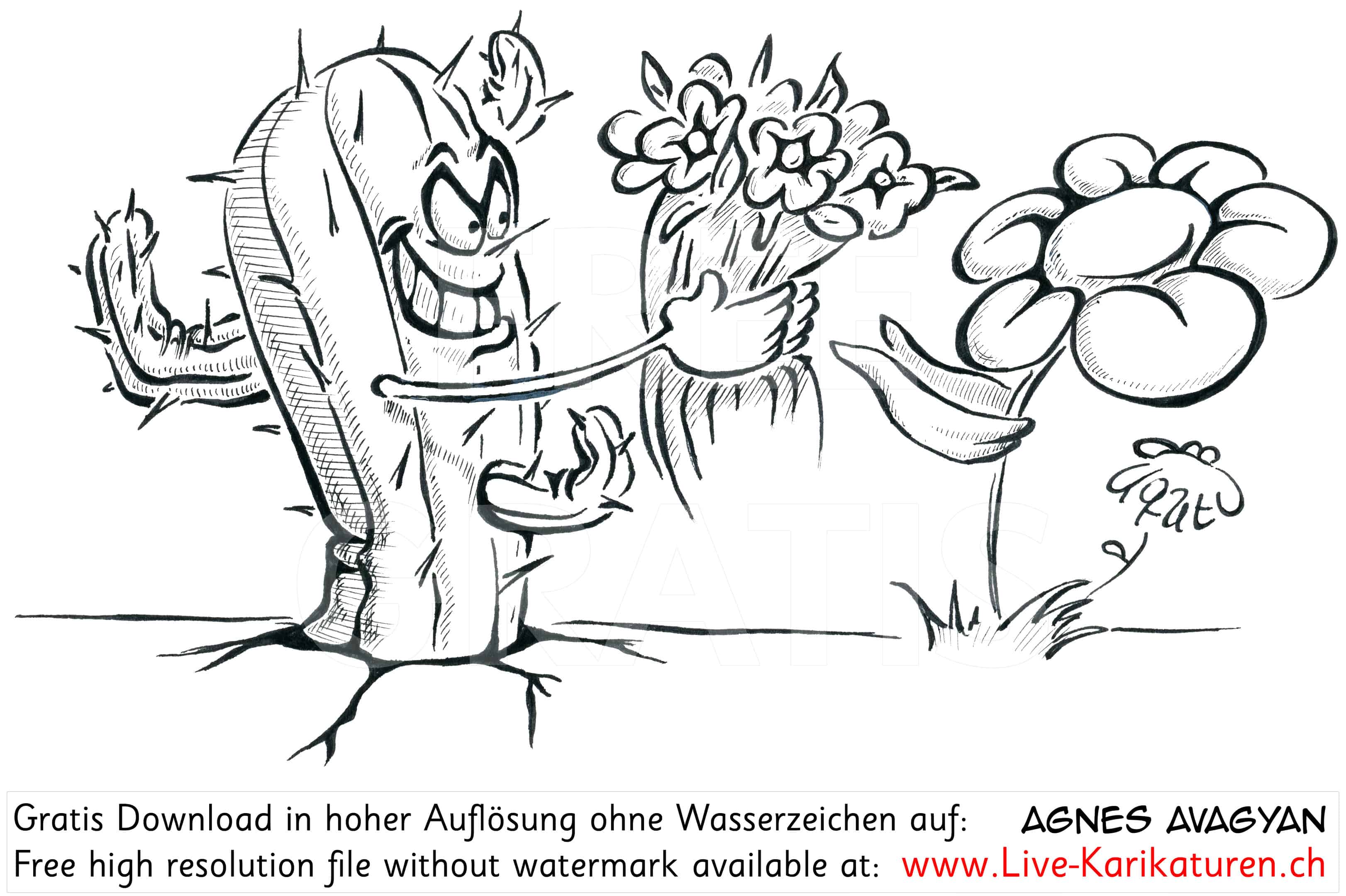 Valentinstag Kaktus Geschenk Betrug falsche Liebe Betrüger Enttäuschung Blume Blumenstrauss Valentin Liebe Love Amour Verliebte verliebt Sehnsucht Romantik romantisch Rendezvous Liebesgeständnis Liebesbrief Agnes Karikaturen gratis free Clipart Comic Cartoon Zeichnung schwarzweiss sw transparent