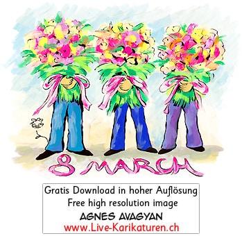 Weltfrauentag internationaler Frauentag internationaler Frauenkampftag 8. Maerz 8. March Feier Feiertag viele Blumen Blumenstrauss drei Maenner Geschenk Agnes Karikaturen gratis free Clipart Comic Cartoon Zeichnung Illustration transparent PNG