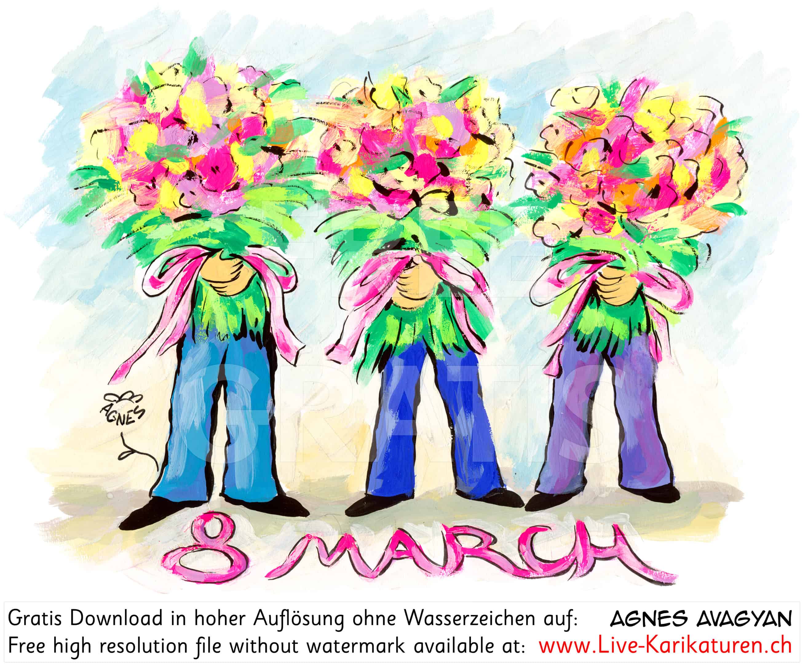 Weltfrauentag internationaler Frauentag internationaler Frauenkampftag 8. Maerz 8. March Feier Feiertag viele Blumen Blumenstrauss drei Maenner Geschenk Agnes Karikaturen gratis free Clipart Comic Cartoon Zeichnung Illustration transparent PNG