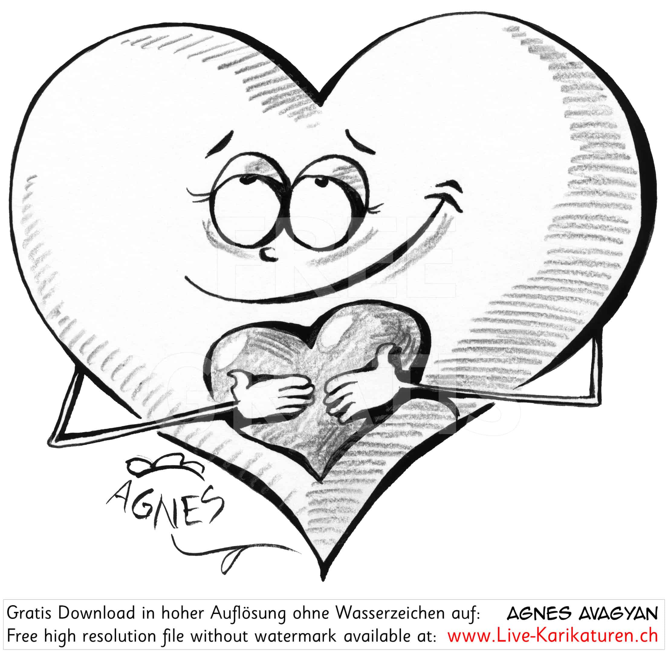 Herz Liebe Valentinstag Valentine hält Herz verliebt romantisch Romantik mit Augen mit Händen schwarzweiss Agnes Karikaturen gratis free Clipart Comic Cartoon Zeichnung Illustration transparent PNG