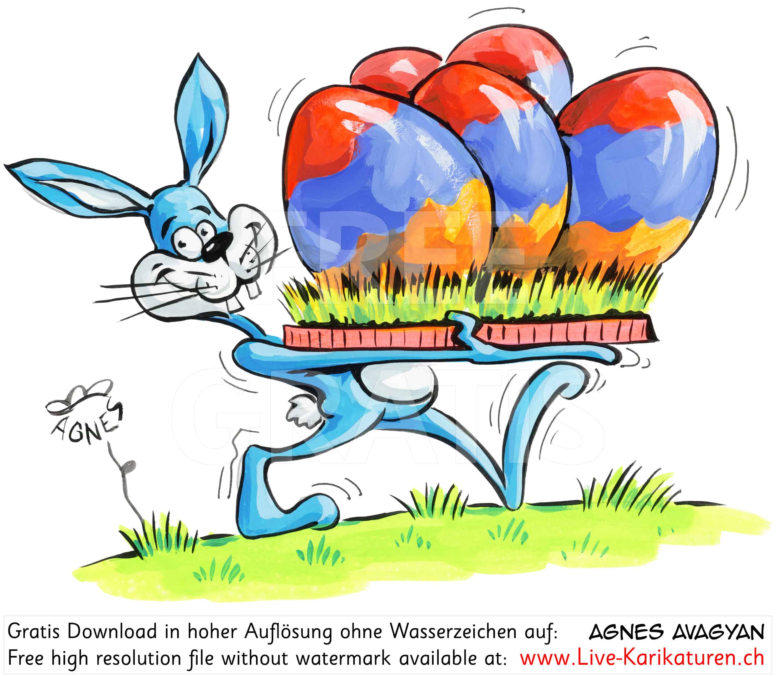 Ostern Osterhase Osternest mit Gras farbige Ostereier Wiese Hasenzaehne Armenien armenische Farben Flagge armenisches Wappen Armenia armenian Eastern blauer Hase Hasenohren Hasenfüsse Agnes Karikaturen gratis free Clipart Comic Cartoon Zeichnung Illustration transparent PNG