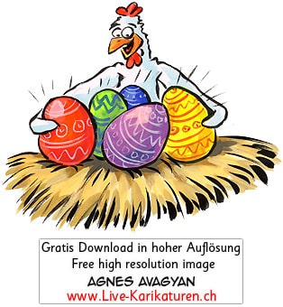 Ostern Osternest Huhn Henne Freude Osternestchen Stroh bunte farbige Ostereier gelb rot blau grün violett Agnes Karikaturen gratis free Clipart Comic Cartoon Zeichnung Illustration transparent PNG