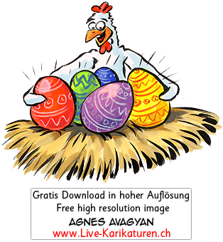 Ostern Osternest Huhn Henne Freude Osternestchen Stroh bunte farbige Ostereier gelb rot blau grün violett Agnes Karikaturen gratis free Clipart Comic Cartoon Zeichnung Illustration transparent PNG