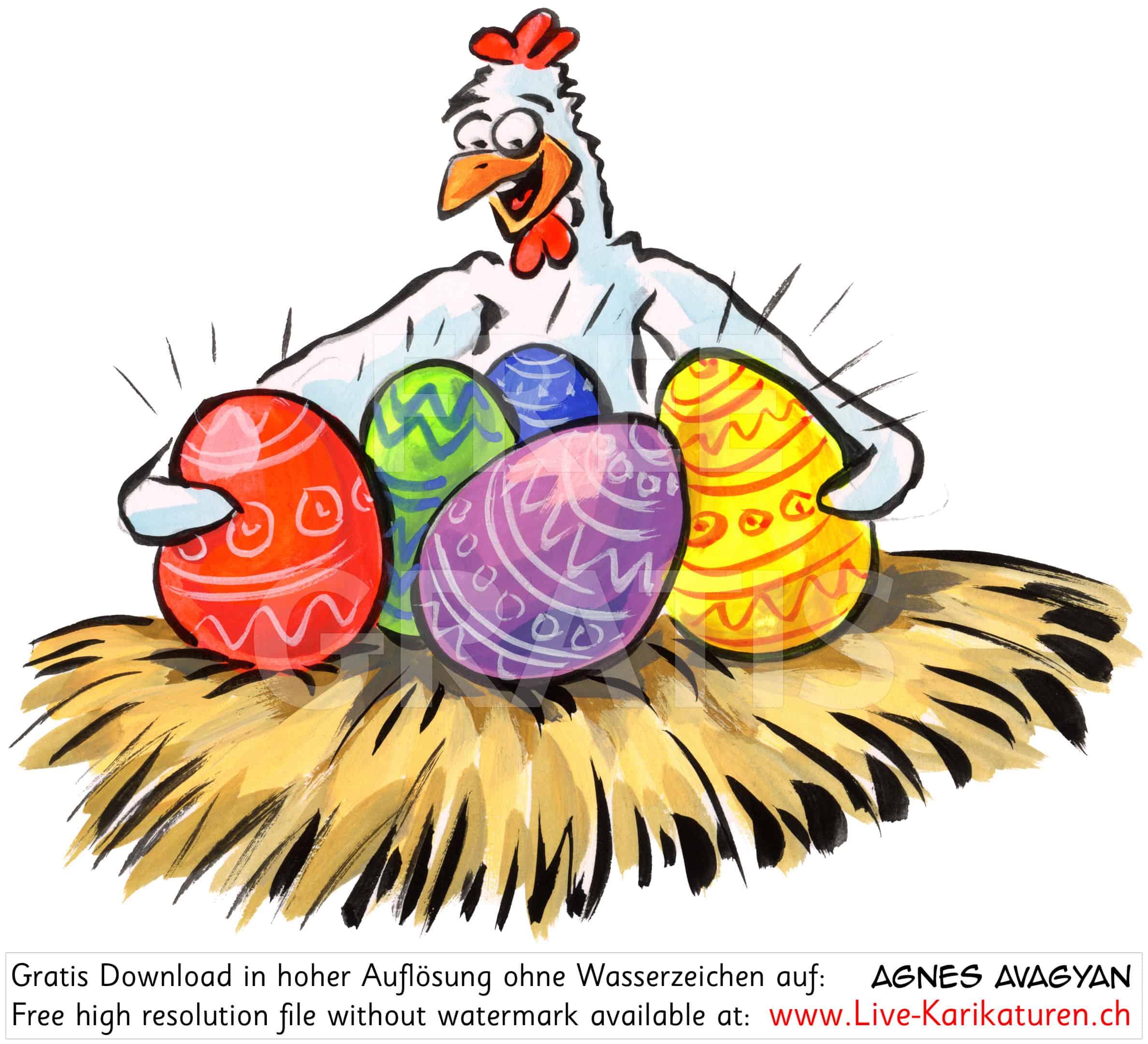 Ostern Osternest Huhn Henne Freude Osternestchen Stroh bunte farbige Ostereier gelb rot blau grün violett Agnes Karikaturen gratis free Clipart Comic Cartoon Zeichnung Illustration transparent PNG