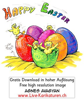 Ostern Osternest Osternestchen Hühner Kücken Chicken Stroh bunte farbige Ostereier gelb rot blau grün violett Agnes Karikaturen gratis free Clipart Comic Cartoon Zeichnung Illustration transparent PNG