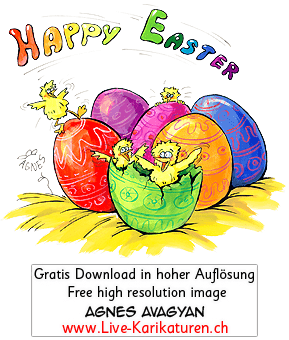 Ostern Osternest Osternestchen Hühner Kücken Chicken Stroh bunte farbige Ostereier gelb rot blau grün violett Agnes Karikaturen gratis free Clipart Comic Cartoon Zeichnung Illustration transparent PNG