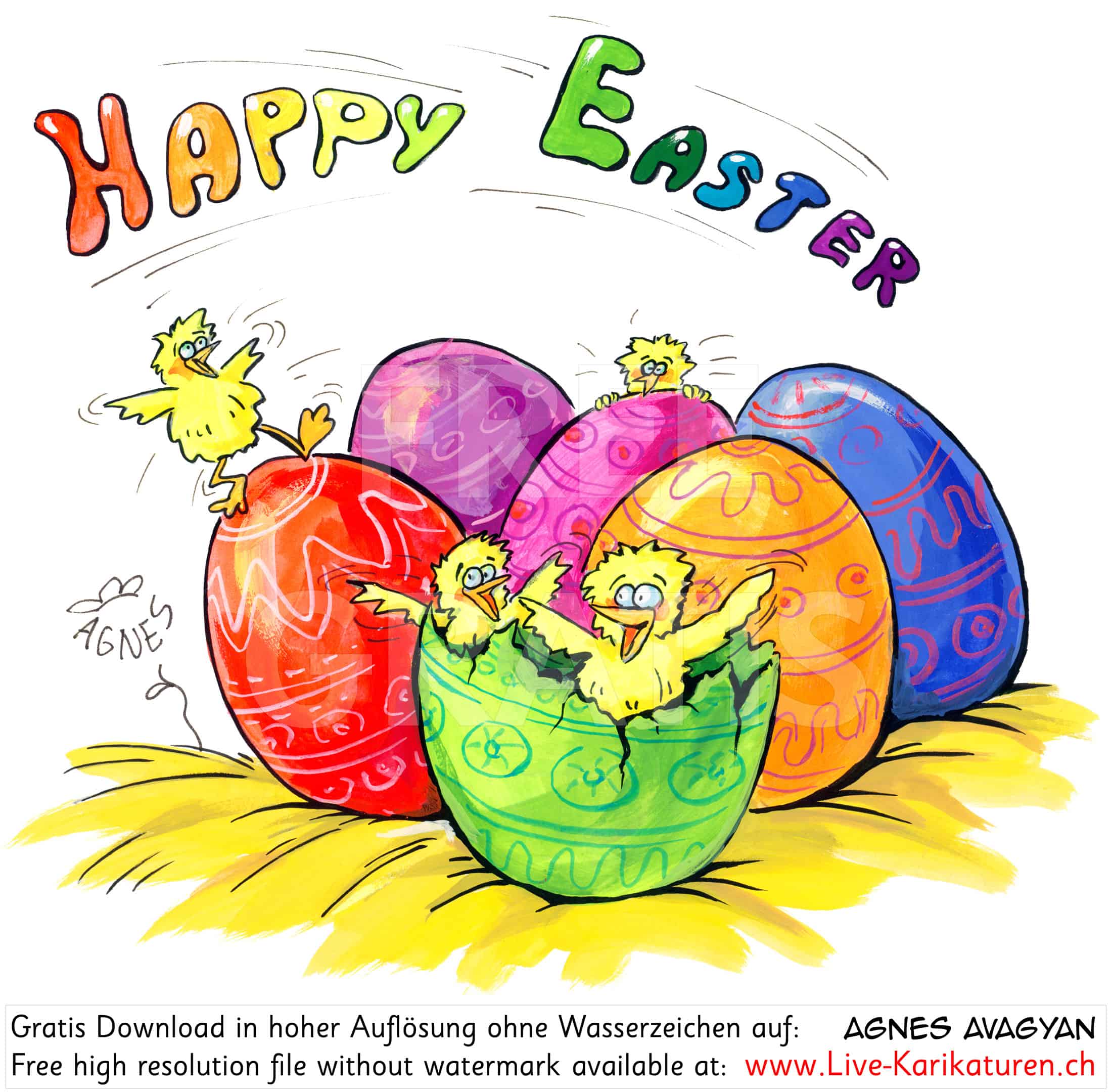 Ostern Osternest Osternestchen Hühner Kücken Chicken Stroh bunte farbige Ostereier gelb rot blau grün violett Agnes Karikaturen gratis free Clipart Comic Cartoon Zeichnung Illustration transparent PNG