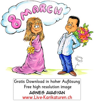 Frauentag Weltfrauentag 8. Maerz 8. March Feier Feiertag Frau Blumen Geschenk herzig schoenes Kleid Mann Agnes Karikaturen gratis free Clipart Comic Cartoon Zeichnung Illustration transparent PNG