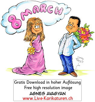 Frauentag Weltfrauentag 8. Maerz 8. March Feier Feiertag Frau Blumen Geschenk herzig schoenes Kleid Mann Agnes Karikaturen gratis free Clipart Comic Cartoon Zeichnung Illustration transparent PNG