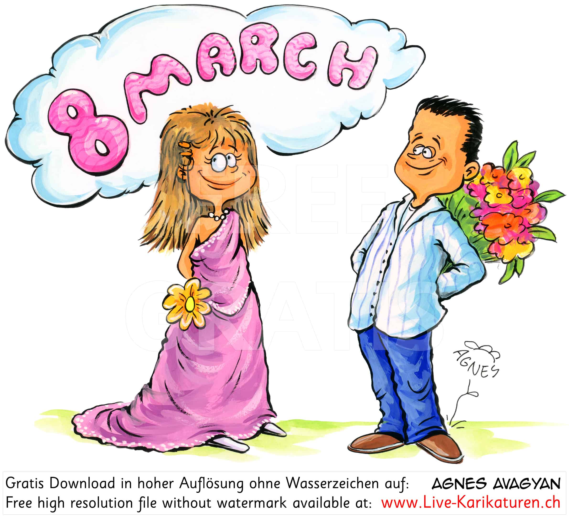 Frauentag Weltfrauentag 8. Maerz 8. March Feier Feiertag Frau Blumen Geschenk herzig schoenes Kleid Mann Agnes Karikaturen gratis free Clipart Comic Cartoon Zeichnung Illustration transparent PNG