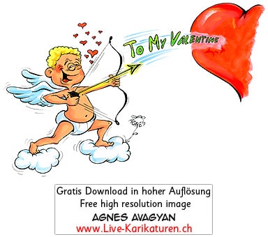 Valentinstag Amor Pfeilbogen Herz Pfeil schiessen Herzchen Wolke Valentin Flügel Liebe Love Amour Verliebte verliebt Sehnsucht Romantik romantisch Rendezvous Liebesgeständnis Liebesbrief Agnes Karikaturen gratis free Clipart Comic Cartoon Zeichnung c transparent