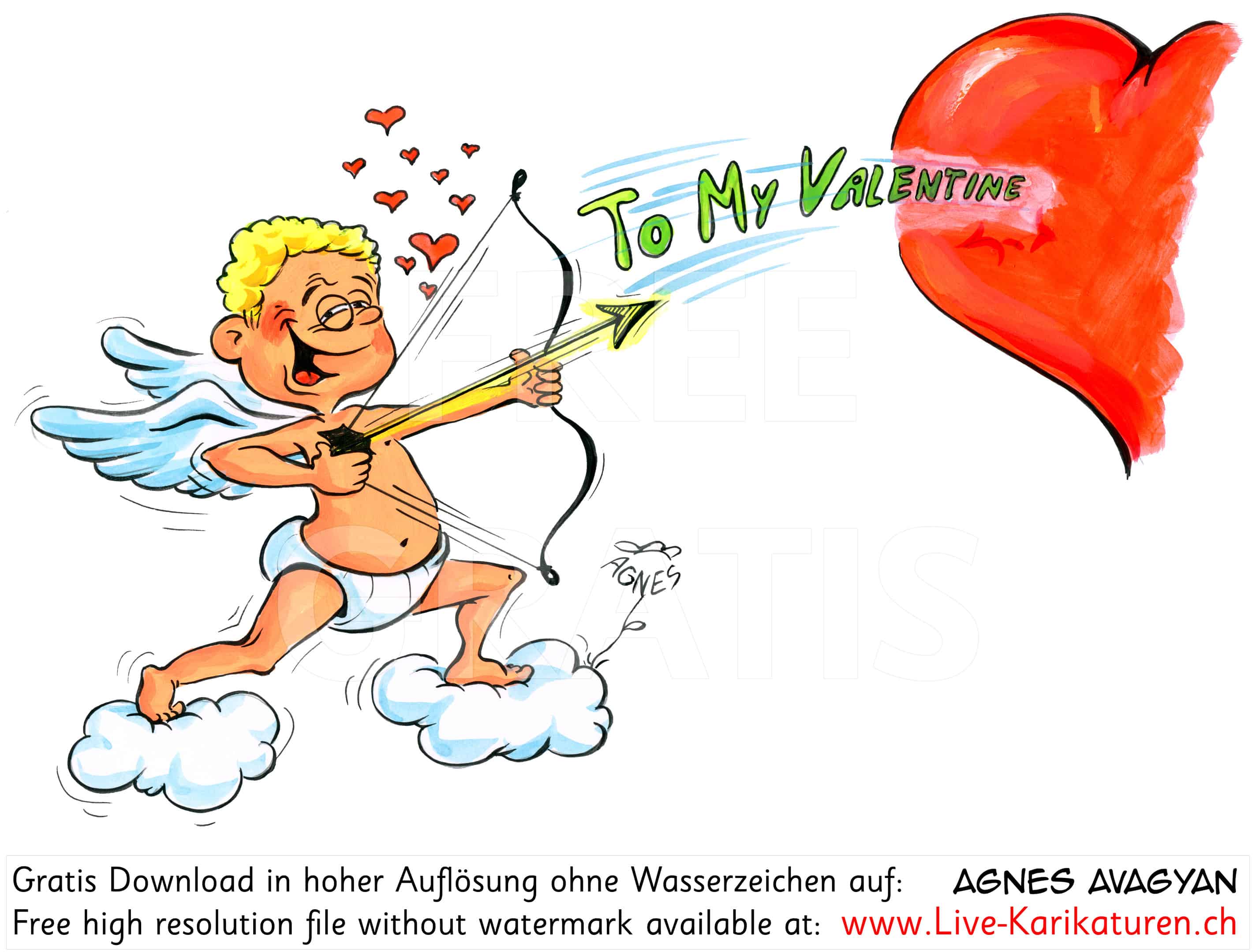 Valentinstag Amor Pfeilbogen Herz Pfeil schiessen Herzchen Wolke Valentin Flügel Liebe Love Amour Verliebte verliebt Sehnsucht Romantik romantisch Rendezvous Liebesgeständnis Liebesbrief Agnes Karikaturen gratis free Clipart Comic Cartoon Zeichnung c transparent