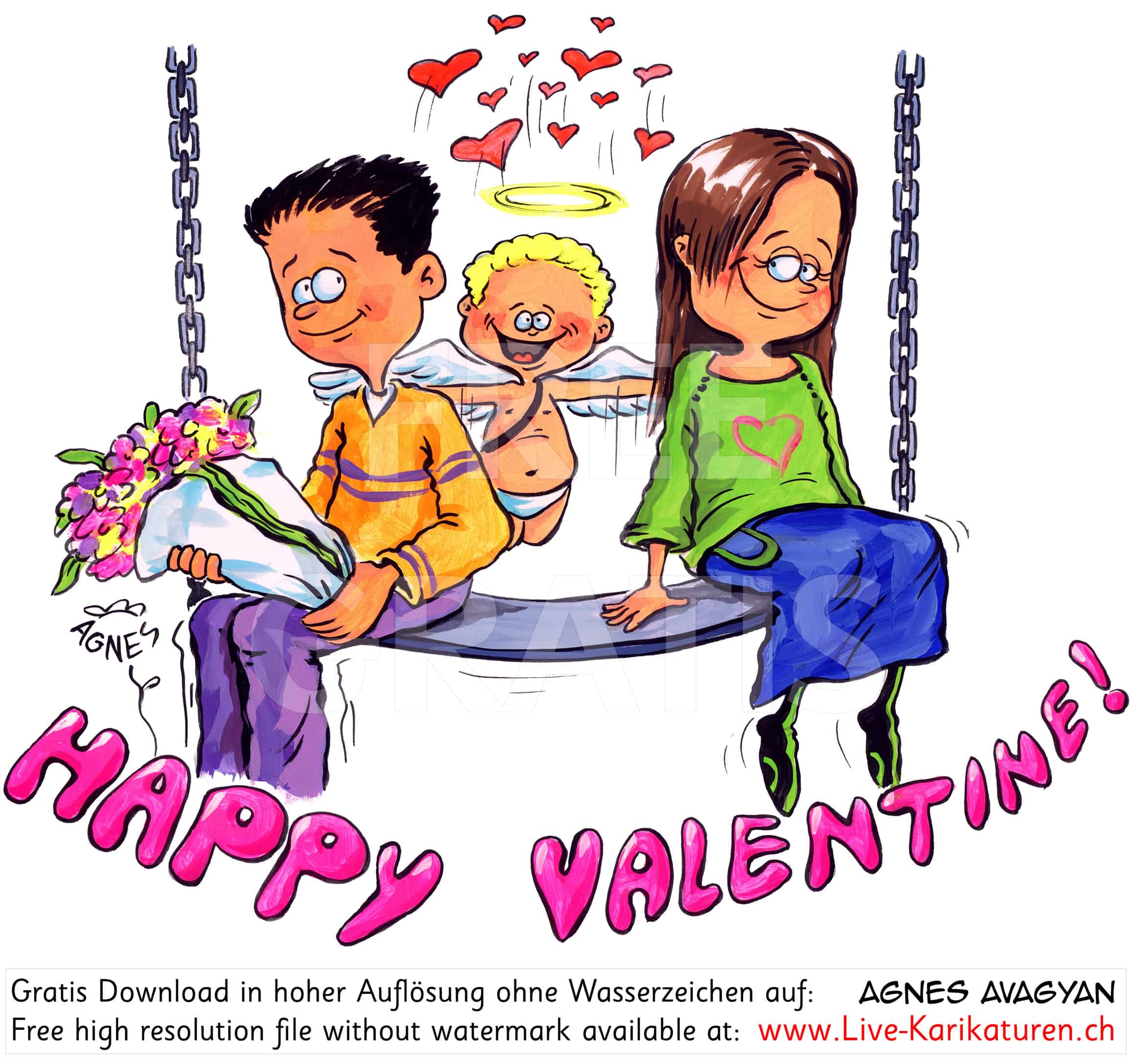 Valentinstag Schaukel Engelchen Herzchen Blumenstrauss Blumen Geschenk Junge Mädchen herzig süss Valentin Liebe Love Amour Verliebte verliebt Sehnsucht Romantik romantisch Rendezvous Liebesgeständnis Liebesbrief Agnes Karikaturen gratis free Clipart Comic Cartoon Zeichnung c transparent