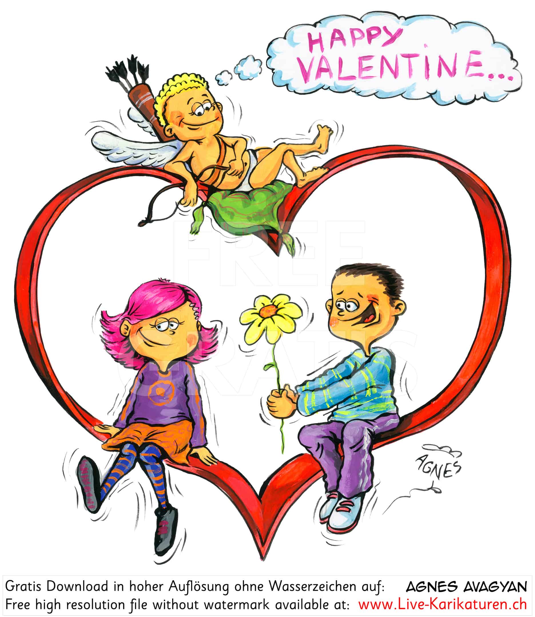 Valentinstag Happy Valentine Mädchen Junge Frau Mann Blume Geschenk sitzen in Riesenherz Herz schaukeln Valentin Liebe Love Amour Verliebte verliebt Sehnsucht Romantik romantisch Rendezvous Liebesgeständnis Liebesbrief Agnes Karikaturen gratis free Clipart Comic Cartoon Zeichnung c transparent