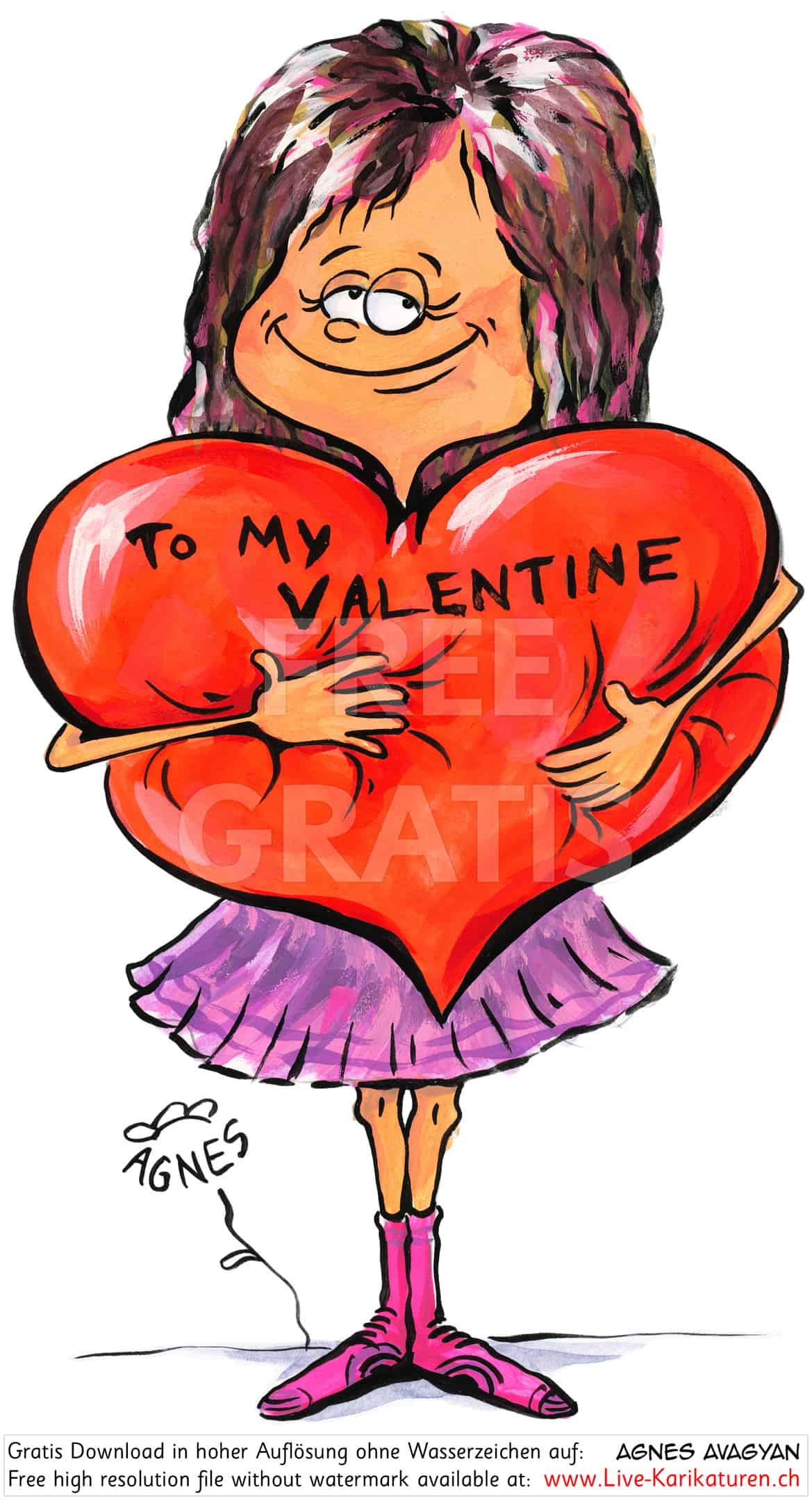 Valentinstag süss herzig cute Girl Mädchen Herz Riesenherz To my Valentine violett Rock Valentin Liebe Love Amour lange Haare Verliebte verliebt Sehnsucht Romantik romantisch Rendezvous Liebesgeständnis Liebesbrief Agnes Karikaturen gratis free Clipart Comic Cartoon Zeichnung c