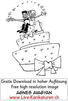 Hochzeit Torte Kuchen Hochzeitspaar Paar Liebe Herzen Schlaufe schwarzweiss Agnes Live-Karikaturen Karikaturistin Cartoon Comic Karikatur Clipart Zeichnung handgezeichnet gemalt Bild Illustration image painting Download kostenlos Gratisbild free image