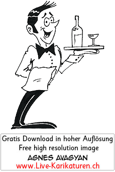 Kellner Restaurant Bedienung Garcon Bediensterer Diener Service Wein Tablet Gastronomie schwarzweiss Agnes Live-Karikaturen Karikaturistin Cartoon Comic Karikatur Clipart Zeichnung handgezeichnet gemalt Bild Illustration image painting Download kostenlos Gratisbild free image