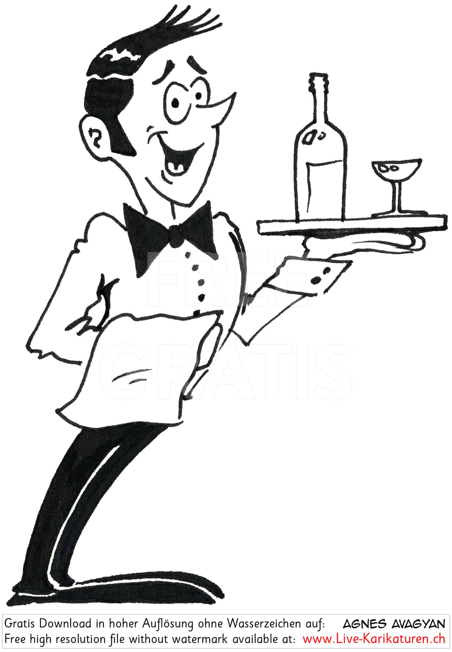 Kellner Restaurant Bedienung Garcon Bediensterer Diener Service Wein Tablet Gastronomie schwarzweiss Agnes Live-Karikaturen Karikaturistin Cartoon Comic Karikatur Clipart Zeichnung handgezeichnet gemalt Bild Illustration image painting Download kostenlos Gratisbild free image