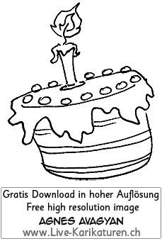 Kuchen Torte eine Kerze ein Jahr alt Geburtstagskuchen Happy Birthday schwarzweiss Agnes Live-Karikaturen Karikaturistin Cartoon Comic Karikatur Clipart Zeichnung handgezeichnet gemalt Bild Illustration image painting Download kostenlos Gratisbild free image