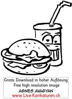 Fast Food, Burger, Softdrink, Roehrli, Mahl, Essen, Verpflegung, ungesund, Dickmacher, Süssgetränk, Röhrli, Strohhalm, Agnes Live-Karikaturen, Clipart, Comic, Cartoon, Illustration, Cartoon, Comic, Karikatur, Zeichnung, Download, kostenlos, Gratisbild, gratis, free, Kunst, Kuenstler, Live Karikaturist, Comiczeichner, Armenia