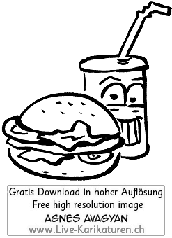 Fast Food, Burger, Softdrink, Roehrli, Mahl, Essen, Verpflegung, ungesund, Dickmacher, Süssgetränk, Röhrli, Strohhalm, Agnes Live-Karikaturen, Clipart, Comic, Cartoon, Illustration, Cartoon, Comic, Karikatur, Zeichnung, Download, kostenlos, Gratisbild, gratis, free, Kunst, Kuenstler, Live Karikaturist, Comiczeichner, Armenia