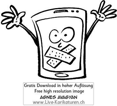 Handy, ausschalten, Warnung, verboten, Haende hoch, Mobile Phone, Mobiltelefon, Mund verklebt, stumm schalten, Natel, Haende hoch, Augen, schweigen, Schock, Agnes Live-Karikaturen, Clipart, Comic, Cartoon, Illustration, Cartoon, Comic, Karikatur, Zeichnung, Download, kostenlos, Gratisbild, gratis, free, Kunst, Kuenstler, Live Karikaturist, Comiczeichner, Armenia