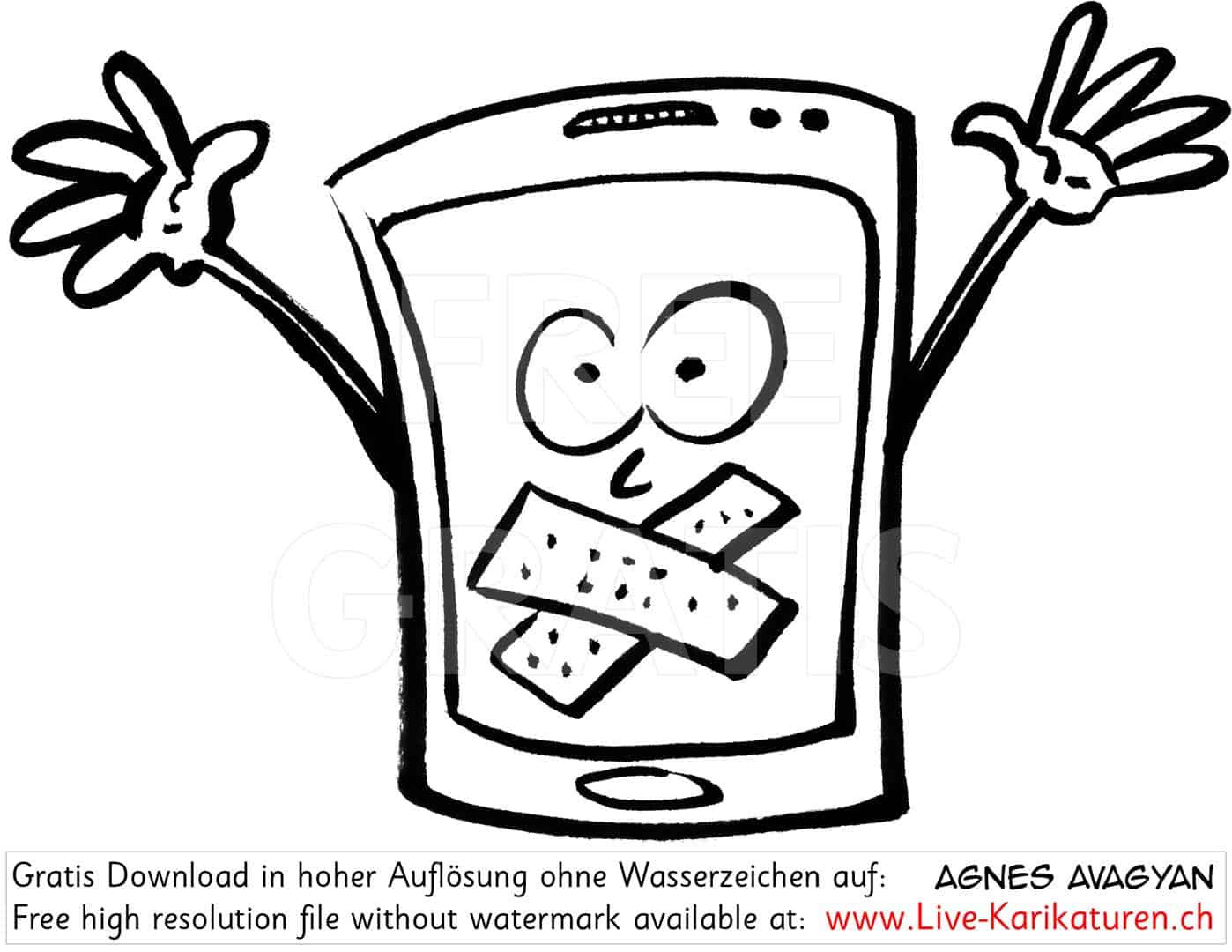 Handy, ausschalten, Warnung, verboten, Haende hoch, Mobile Phone, Mobiltelefon, Mund verklebt, stumm schalten, Natel, Haende hoch, Augen, schweigen, Schock, Agnes Live-Karikaturen, Clipart, Comic, Cartoon, Illustration, Cartoon, Comic, Karikatur, Zeichnung, Download, kostenlos, Gratisbild, gratis, free, Kunst, Kuenstler, Live Karikaturist, Comiczeichner, Armenia