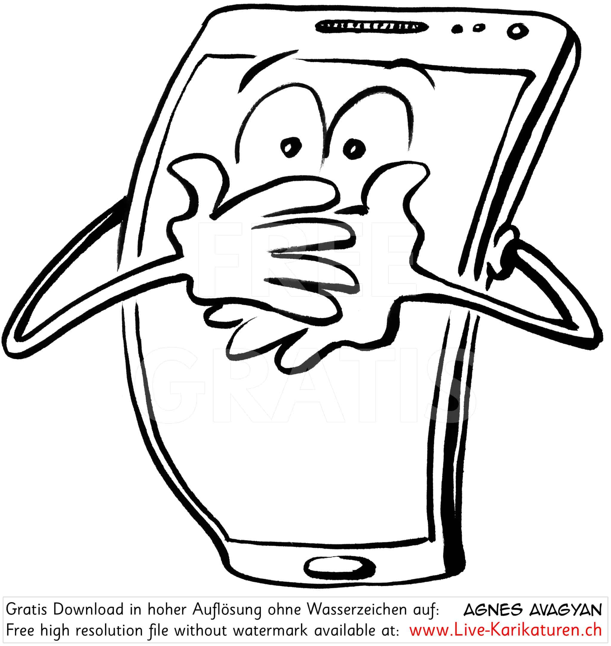 Handy, ausschalten, Warnung, verboten, Haende vor Mund, schweigen, Ruhe, Mobile Phone, Mobiltelefon, Natel, stumm schalten, Augen, Gesicht, Agnes Live-Karikaturen, Clipart, Comic, Cartoon, Illustration, Cartoon, Comic, Karikatur, Zeichnung, Download, kostenlos, Gratisbild, gratis, free, Kunst, Kuenstler, Live Karikaturist, Comiczeichner, Armenia