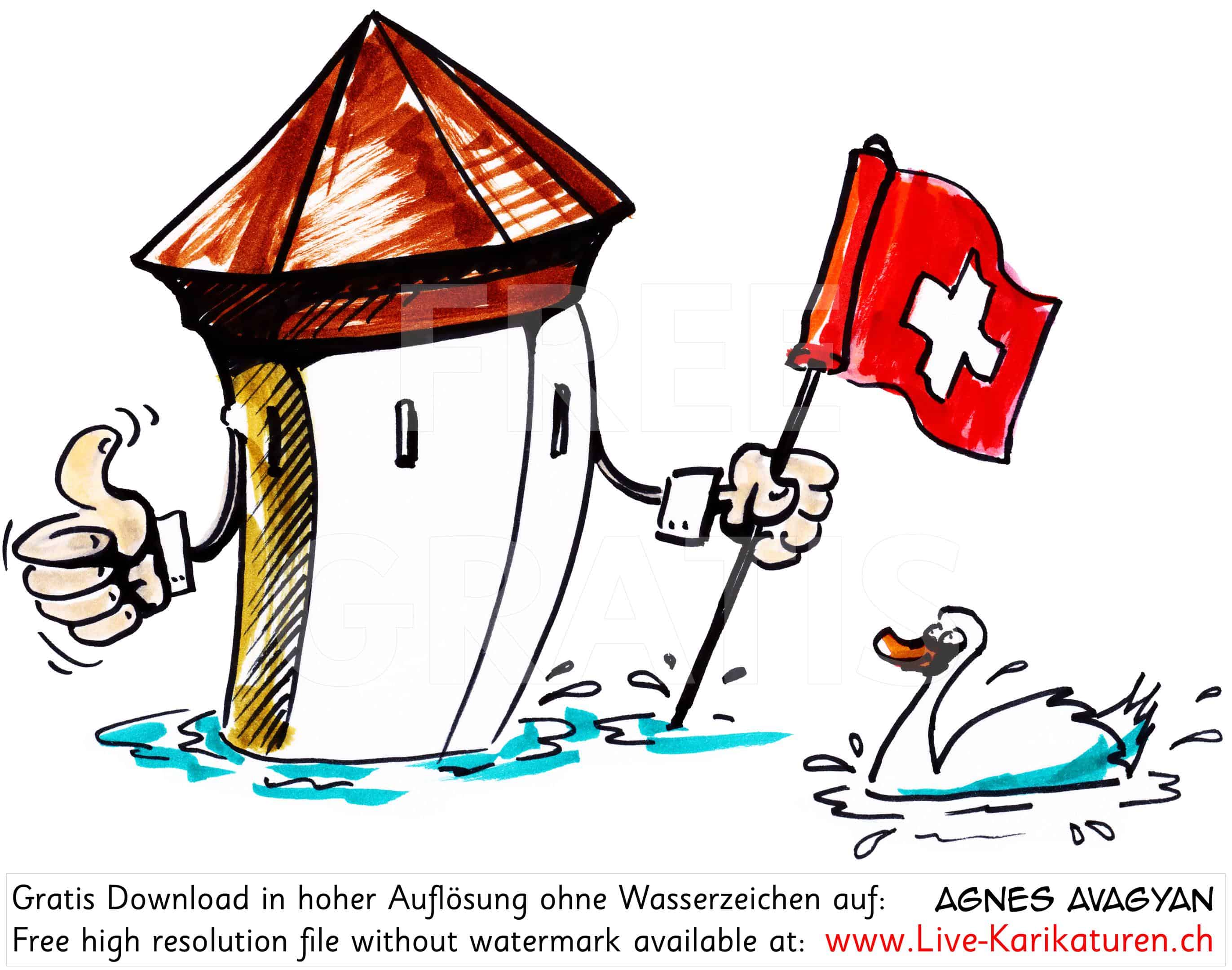 Kapellbruecke, Luzern, Schweizer Flagge, Nationalfeiertag, Schwan, Schweizer Flagge, Schweizer Kreuz, Daumen, gut, Farbee, Reuss, OK, Agnes Live-Karikaturen, Clipart, Comic, Cartoon, Illustration, Cartoon, Comic, Karikatur, Zeichnung, Download, kostenlos, Gratisbild, gratis, free, Kunst, Kuenstler, Live Karikaturist, Comiczeichner, Armenia