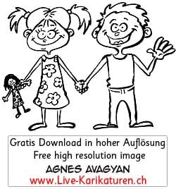 Kinder, Maedchen, Junge, schwarzweiss, Puppe, Hallo, Gruss, Blumenkleid, Haendchen halten, Gruss, Agnes Live-Karikaturen, Clipart, Comic, Cartoon, Illustration, Cartoon, Comic, Karikatur, Zeichnung, Download, kostenlos, Gratisbild, gratis, free, Kunst, Kuenstler, Live Karikaturist, Comiczeichner, Armenia