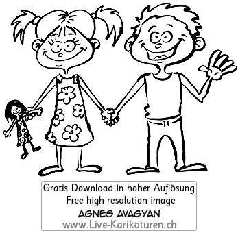 Kinder, Maedchen, Junge, schwarzweiss, Puppe, Hallo, Gruss, Blumenkleid, Haendchen halten, Gruss, Agnes Live-Karikaturen, Clipart, Comic, Cartoon, Illustration, Cartoon, Comic, Karikatur, Zeichnung, Download, kostenlos, Gratisbild, gratis, free, Kunst, Kuenstler, Live Karikaturist, Comiczeichner, Armenia