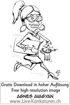 Businessfrau, Zeitdruck, Stress, Hektik, Druck, Geschaeftsfrau, Brille, Ohrringe, Aktenmappe, Sekretaerin, Uhr, Eile, High Heels, Agnes Live-Karikaturen, Clipart, Comic, Cartoon, Illustration, Cartoon, Comic, Karikatur, Zeichnung, Download, kostenlos, Gratisbild, gratis, free, Kunst, Kuenstler, Live Karikaturist, Comiczeichner, Armenia