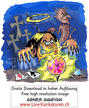 Hexe Aberglaube Magie Teufel Karten legen Kreuze Heiligenschein Kristallkugel Zukunft vorhersagen Klauen Kaffeesatz lesen Beschwoerung Zauberei Satan Teufelswerk Teufelei duester lustig Agnes Live-Karikaturen Karikaturistin Cartoon Comic Karikatur Clipart Zeichnung handgezeichnet gemalt Bild Illustration image painting Download kostenlos Gratisbild free image