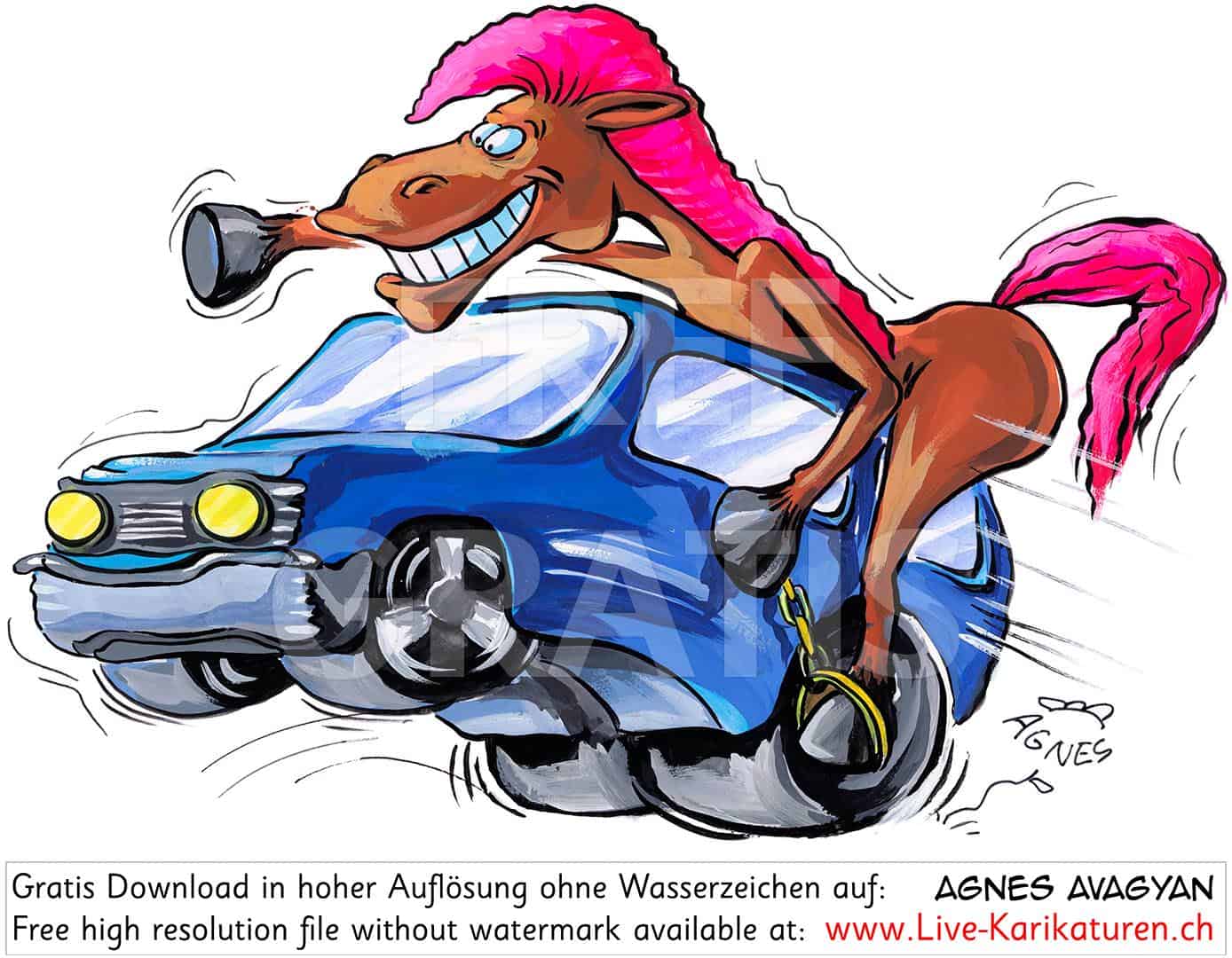 Auto Pferdestaerke PS Ross Pferd pinke rote Maehne Haare Schwanz sitzt hockt blaues Auto Kette vorwaerts huepft Kraft Agnes Live-Karikaturen Karikaturistin Cartoon Comic Karikatur Clipart Zeichnung handgezeichnet gemalt Bild Illustration image painting Download kostenlos Gratisbild free image