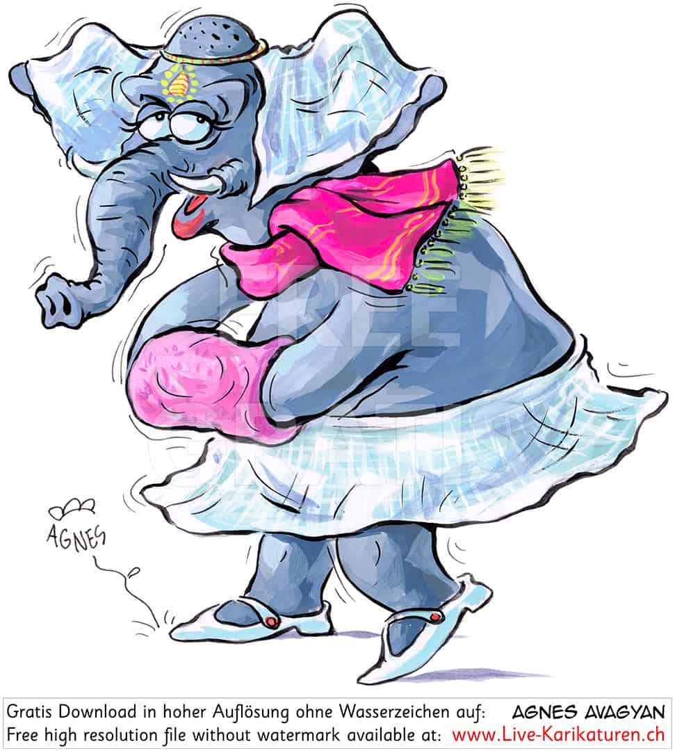 Elefant Indien Frau Weibchen dick Rock Roeckchen Schal Handwaermer kalt Schmuck Stirnschmuck geschminkt Schuhe elegant Agnes Live-Karikaturen Karikaturistin Cartoon Comic Karikatur Clipart Zeichnung handgezeichnet gemalt Bild Illustration image painting Download kostenlos Gratisbild free image