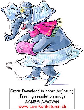 Elefant Indien Frau Weibchen dick Rock Roeckchen Schal Handwaermer kalt Schmuck Stirnschmuck geschminkt Schuhe elegant Agnes Live-Karikaturen Karikaturistin Cartoon Comic Karikatur Clipart Zeichnung handgezeichnet gemalt Bild Illustration image painting Download kostenlos Gratisbild free image