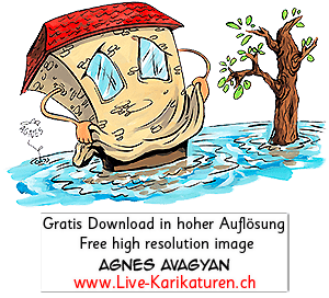 Hochwasser Flut Haus Wasser Katastrophe Naturkatastrophe Unglueck Krise Umweltkatastrophe Haende Baum Agnes Live-Karikaturen Karikaturistin Cartoon Comic Karikatur Clipart Zeichnung handgezeichnet gemalt Bild Illustration image painting Download kostenlos Gratisbild free image