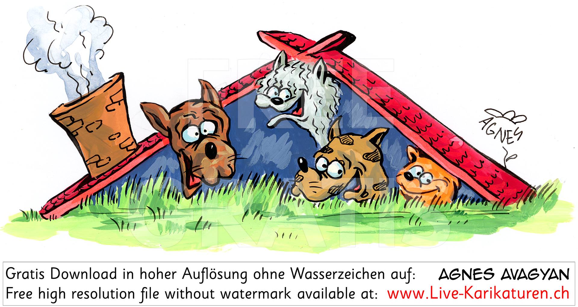 Hunde Hundehuette Ziegeldach Kamin Schornstein Rauch Gruppe Rudel Wiese lustig froehlich gluecklich daheim Agnes Live-Karikaturen Karikaturistin Cartoon Comic Karikatur Clipart Zeichnung handgezeichnet gemalt Bild Illustration image painting Download kostenlos Gratisbild free image